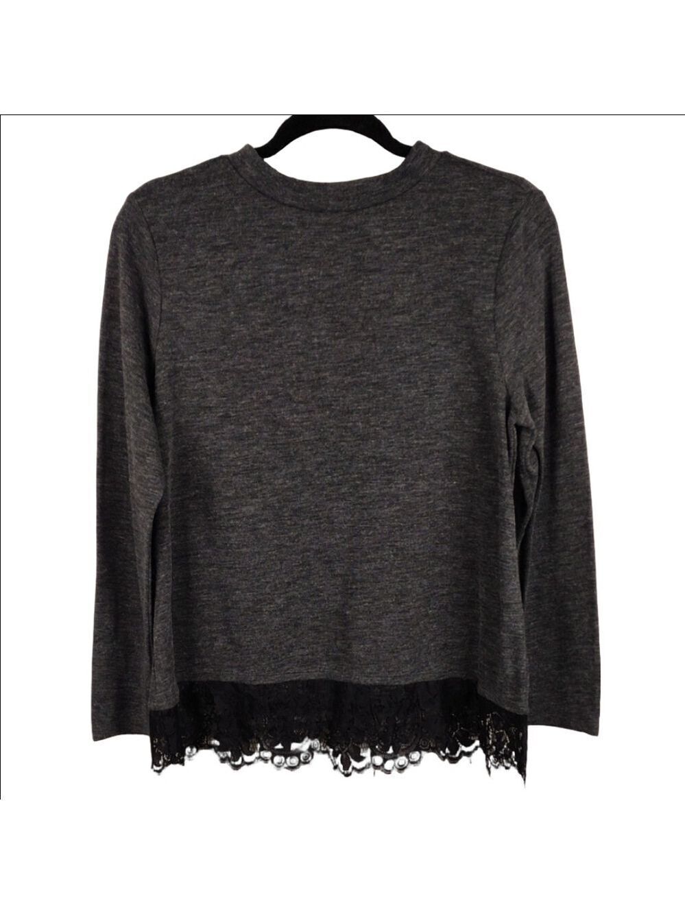 Loft Outlet Petite Gray Black Lace Hem Round Neckline Long Sleeve Pullover Top